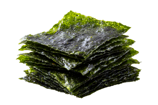 Stack of dried seaweed nori sheets with glossy green texture, isolated on transparent background
