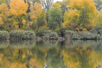 Autumn landscape with lake, trees and colorful leaves in the park in October