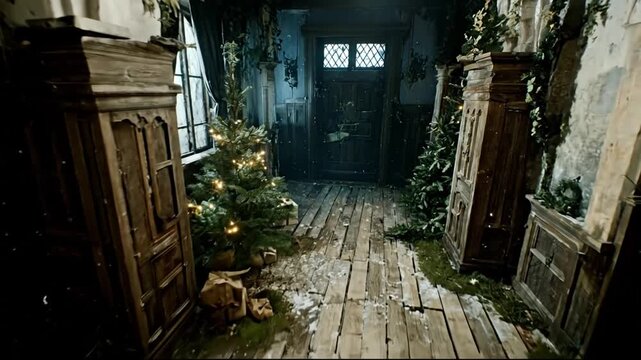 Atmospheric vintage hallway with a glowing Christmas tree, antique wooden furniture, and festive winter holiday decorations in an old mansion.