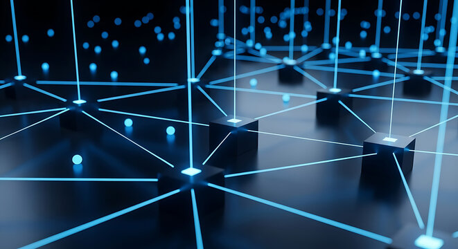 Abstract futuristic digital network grid with glowing blue connections and nodes