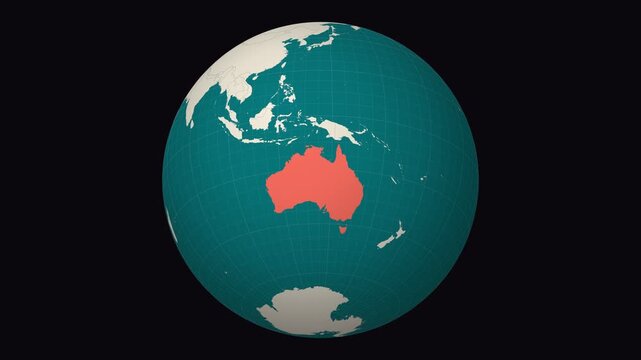 Australia map. Animated zoom into the country on the Globe in Teal Pale Mint color palette. Country logo animation. Map with meridians, parallels. Trending video.