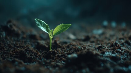 Naklejka premium New plant sprouting from rich soil in a dark environment showcasing nature's growth process