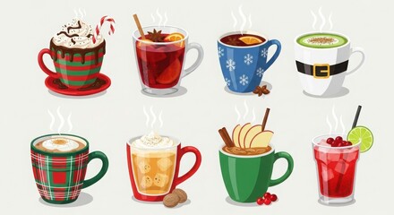 Obraz premium Collection of eight steaming hot winter holiday drinks in mugs