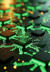 Obraz premium Close-up of glowing green circuits on a dark electronic motherboard representing technology and innovation