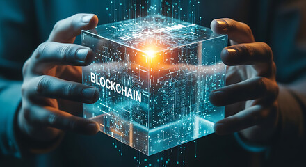 Hands holding glowing blockchain cube digital technology innovation secure network future concept