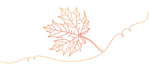 Minimalist one-line drawing of a single maple leaf with a flowing curved line in a soft orange gradient. The continuous line art captures the beauty of autumn and nature’s simplicity