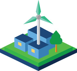Isometric 3d vector illustration of a wind turbine and residential buildings for clean energy