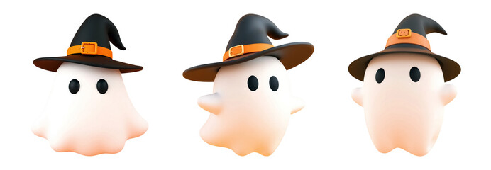 Spooky season fun featuring cute ghosts wearing witch hats Halloween promotions and seasonal designs isolated on png transparent background