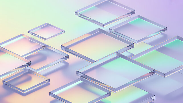 Futuristic 3d rendered scene abstract geometric shapes floating futuristic technology crystal glass surfaces iridescent colors soft gradient background vector
