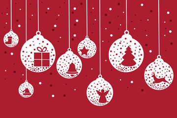 Christmas card or banner. Hanging Christmas balls of garlands,Christmas holidays concept, flat vector illustration isolated on red background