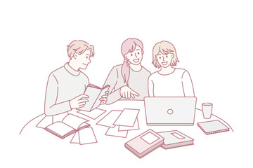 Happy diverse young people study together with books and laptop prepare for school exam or test. Smiling students learn using computer and textbooks. Education concept. Flat vector illustration.