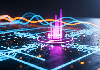 Futuristic technology abstract digital data network circuit board with glowing neon lights and waveforms