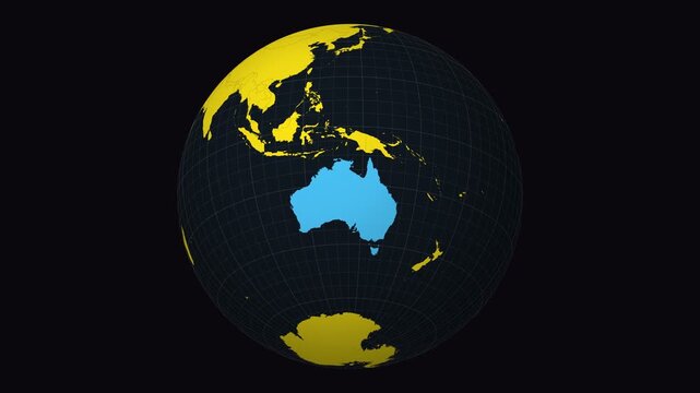 Australia map. Animated zoom into the country on the Globe in Charcoal Bright Yellow color palette. Country logo animation. Map with meridians, parallels. Beautiful video.