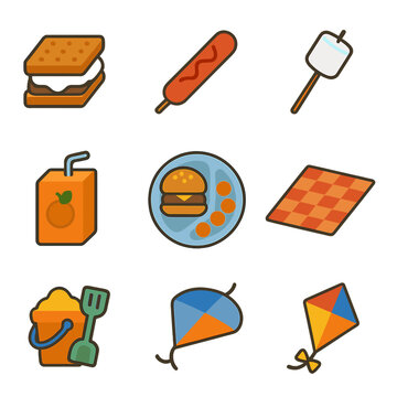 Kids' BBQ Icon Set. Flat icon set of kids&rsquo; BBQ fun: s&rsquo;mores kit, hot dog on stick, marshmallow, juice box,