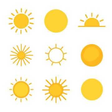 Sun Icon Set. Flat icon set of sun basics: sun with rays, sun disk, half sun, sunburst, sun outline, sun core,