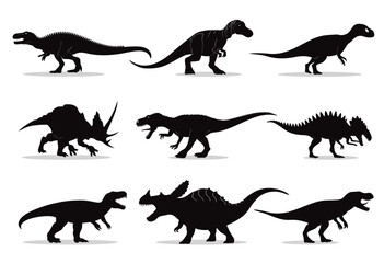 Silhouettes of dinosaurs isolated on a white background, vector illustration, flat design, simple shapes, flat colors, vector art, vectorized, flat, vector style, vector sticker style, vector clipart.