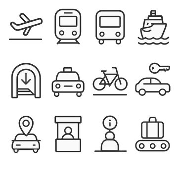 Transportation Hub Icons. Outline icon set of transportation hubs: airport icon, train station, bus terminal,
