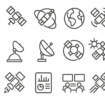 Satellite Icon Grid. Outline icon set of GPS satellites: satellite icon, orbit ring, earth view, signal wave,