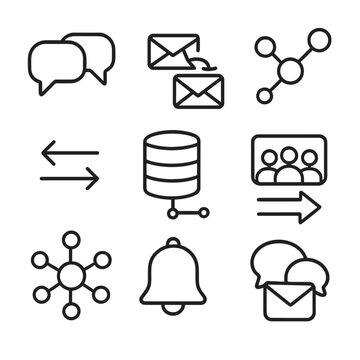 Communication Icons Grid. Outline icon set of team building activities: tug of war, puzzle pieces, group