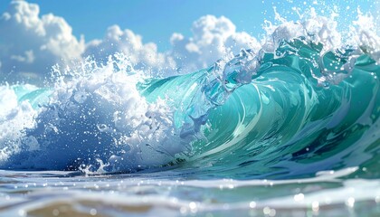 Hyper realistic close-up of ocean waves crashing in slow motion, each droplet frozen