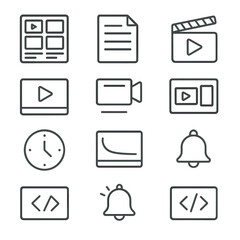 Video Marketing Icons. Outline icon set of video marketing: storyboard, script page, camera icon, clapboard,