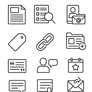 PR Icon Set. Outline icon set of PR and outreach: press release, media list, journalist contact, pitch email,