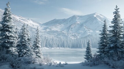 Serenity at dawn: a winter's embrace in the mountain wilderness. Advertising photo. Glistening snow-laden fir trees at dawn's first light over a frozen landscape. Color background.