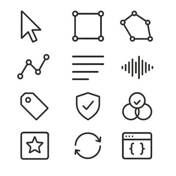 Data Labeling Icons. Outline icon set of data labeling: label tool, bounding box, polygon, keypoint, text span