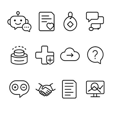 Conversational AI Icons. Outline icon set of conversational AI: chatbot head, NLU intent, entity tag, dialog