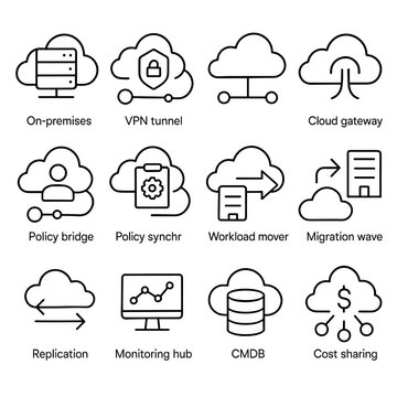 Hybrid Cloud Icon Set. Outline icon set of hybrid cloud: on-prem rack, VPN tunnel, direct connect, cloud