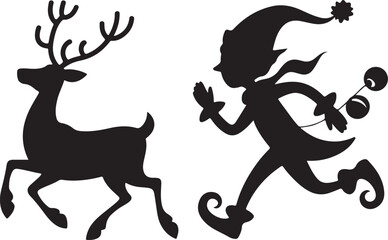 Black silhouette running deer and cute Christmas elf
