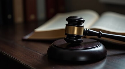 Wooden gavel on a table with open book