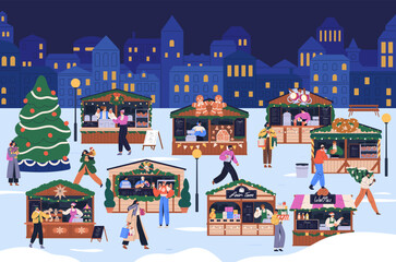 Christmas market, winter seasonal fair in city. Outdoor holiday Xmas trade in street stalls, wooden booths, shops. Evening bazaar, people at festival, New Year night. Flat vector illustration
