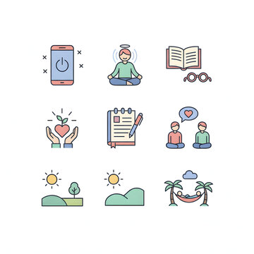 Outline Wellness and Self-Care Icon Set. Digital Detox, Meditation, Mindfulness, and Healthy Lifestyle Vector