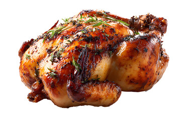 Perfectly roasted whole chicken with golden crispy skin and herbs, isolated on transparent background