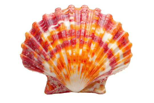Colorful scallop sea shell with red and orange pattern, isolated on transparent background