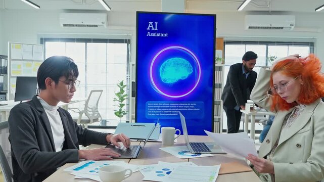 Multiethnic business professionals collaborate in modern office using AI virtual assistant and big data analytics to connect insights, driving strategic innovation through intelligent automation