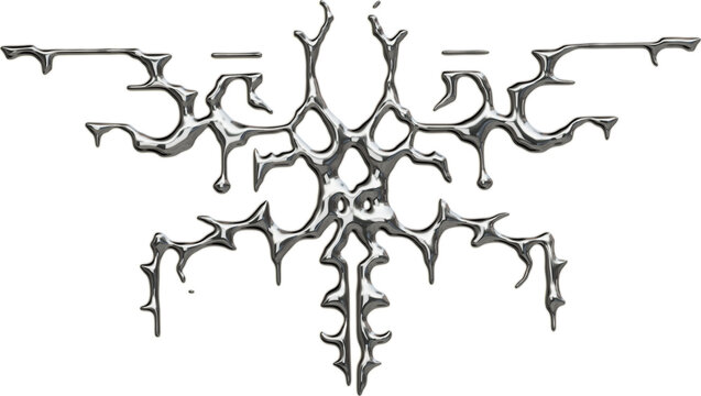 Futuristic chrome abstract sigil in 3D cybersigilism style with reflective metallic surfaces and sharp gothic liquid shapes.
