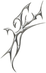 Futuristic chrome abstract sigil in 3D cybersigilism style with reflective metallic surfaces and sharp gothic liquid shapes.