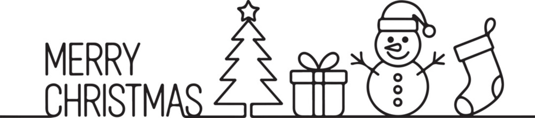 Linear style design for winter holidays with Christmas tree, gift box, snowman and stocking