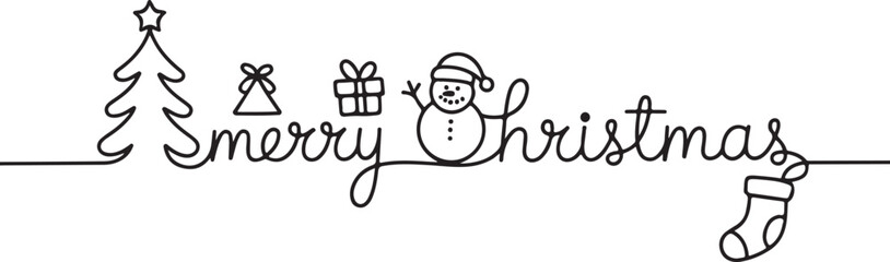 Linear style design for winter holidays with Christmas tree, gift box, snowman and stocking