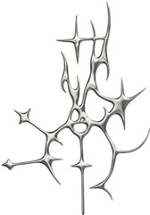 Futuristic chrome abstract sigil in 3D cybersigilism style with reflective metallic surfaces and sharp gothic liquid shapes.