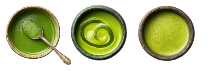 Three close-up views of green, creamy liquid in small bowls, one with a spoon