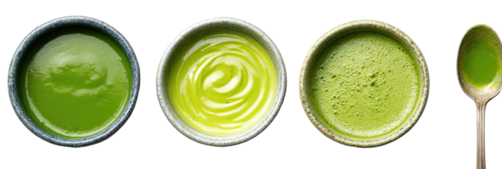 Close-up of four small bowls and a spoon holding different shades of bright green liquid
