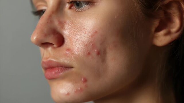acne on woman face with rash skin, scar, and red skin syndrome allergic to cosmetics, use steroids, dermatology, inflammation, infection, hygiene