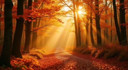 Sunlight shining through the trees in a forest with leaves on the ground