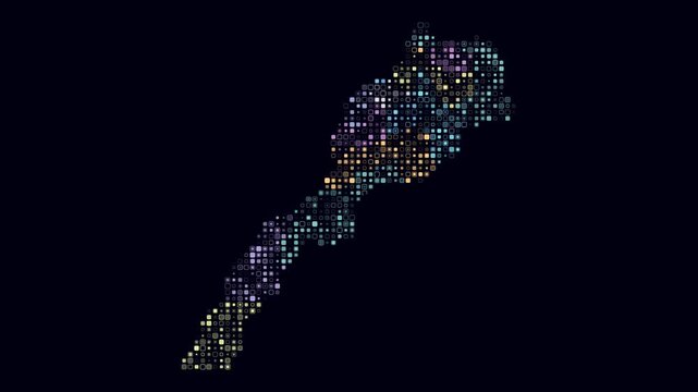 Morocco animated country shape. Pulsating colored dots on the map of the country. Small size rounded square blocks. Digital style Morocco map on dark background. Plain animation video.