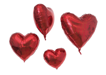 Four floating shiny red heart-shaped balloons against a stark black background