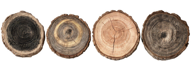 Four tree trunk slices with varying colors and visible growth rings. Set against a black background