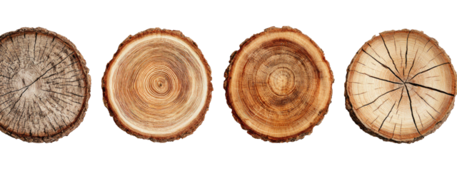 Four circular wooden cross-sections, varying in color and texture, set against a black background